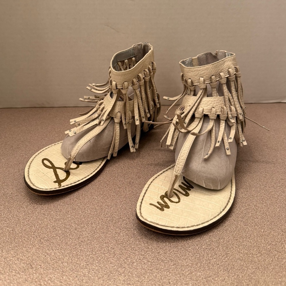 Sam Edelman Gladiator Fringe Flat Thong Sandals Leather Ivory Size 8.5